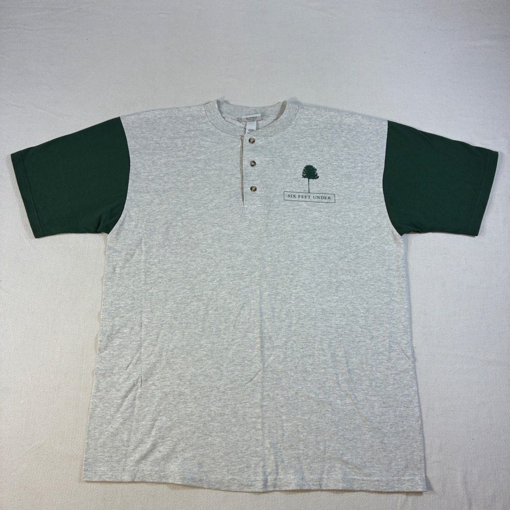 Vintage Six Feet Under HBO Promo Henley Shirt Anvil Grey Green Large L‎ 2000s